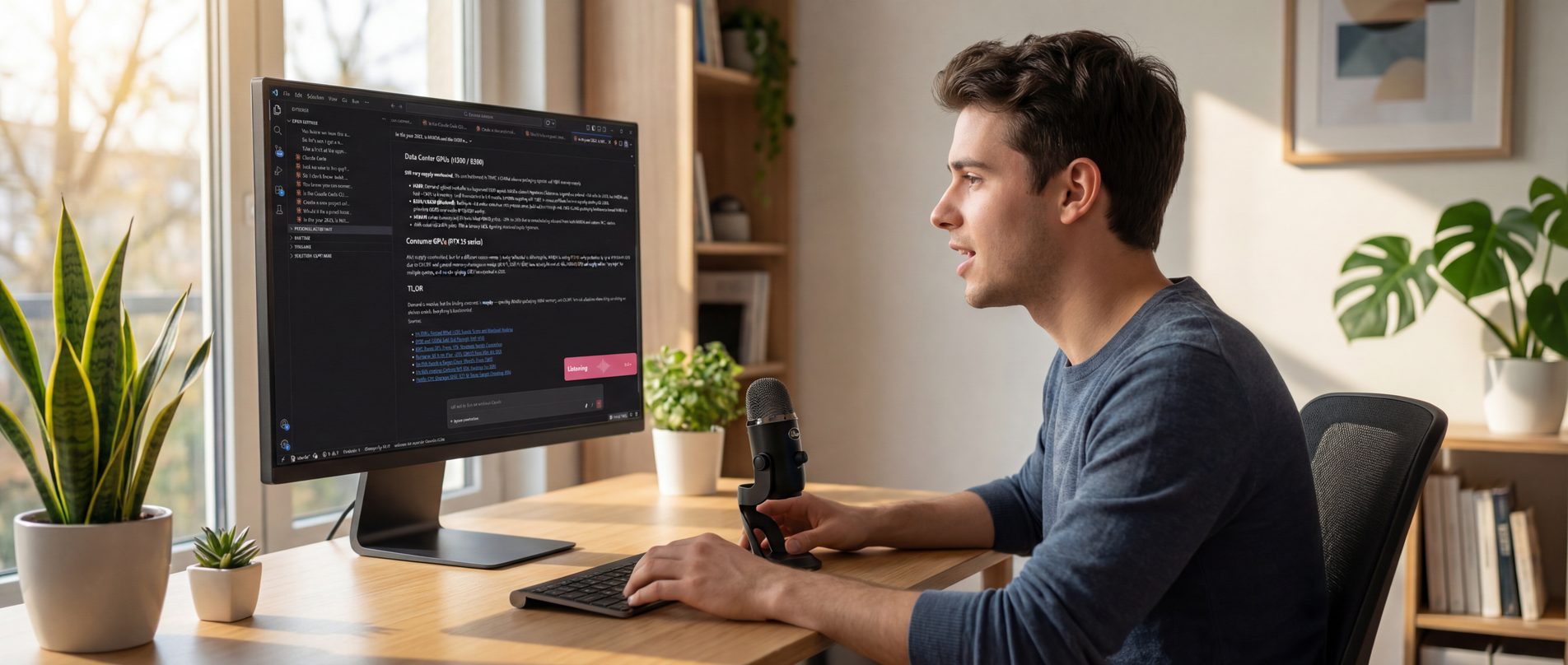 Developer gebruikt spraakdicteren met AI codeerassistent aan een thuiswerkplek